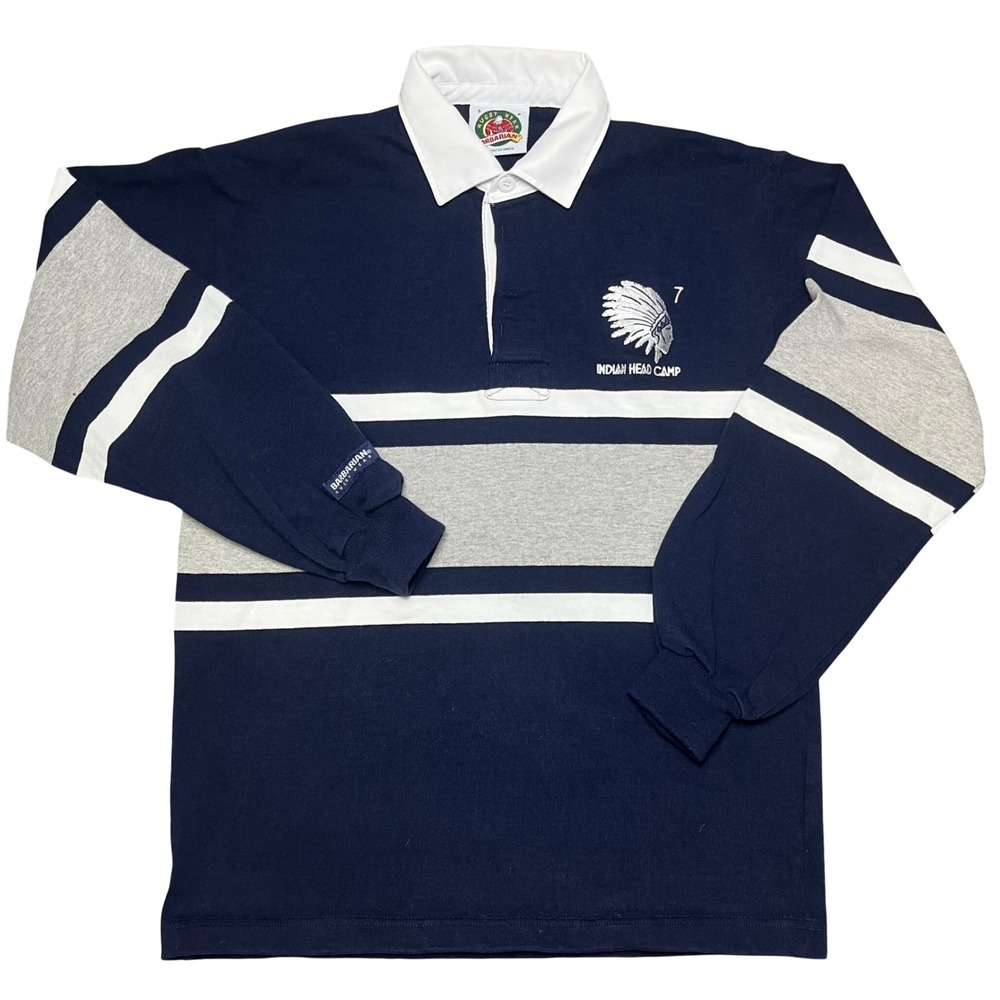 Barbarian Rugby Shirt Mens Small Navy Blue Striped Indian Head Camp Long Sleeve